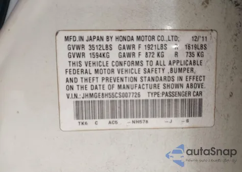 2012 Honda Fit Sport из США, поврежденный, VIN JHMGE8H55CS007726